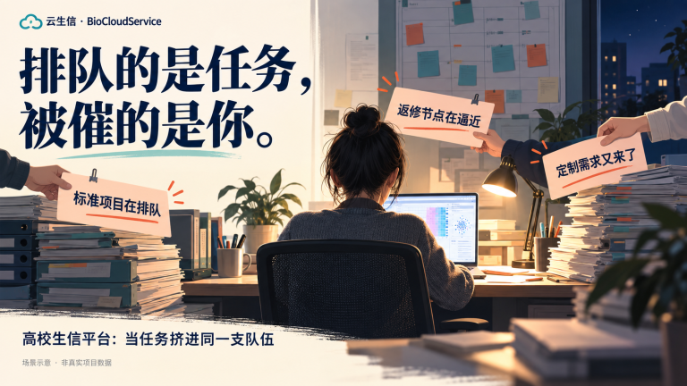 高校生信平台任务积压场景：标准项目在排队、返修节点在逼近、定制需求又来了，排队的是任务，被催的是平台人员