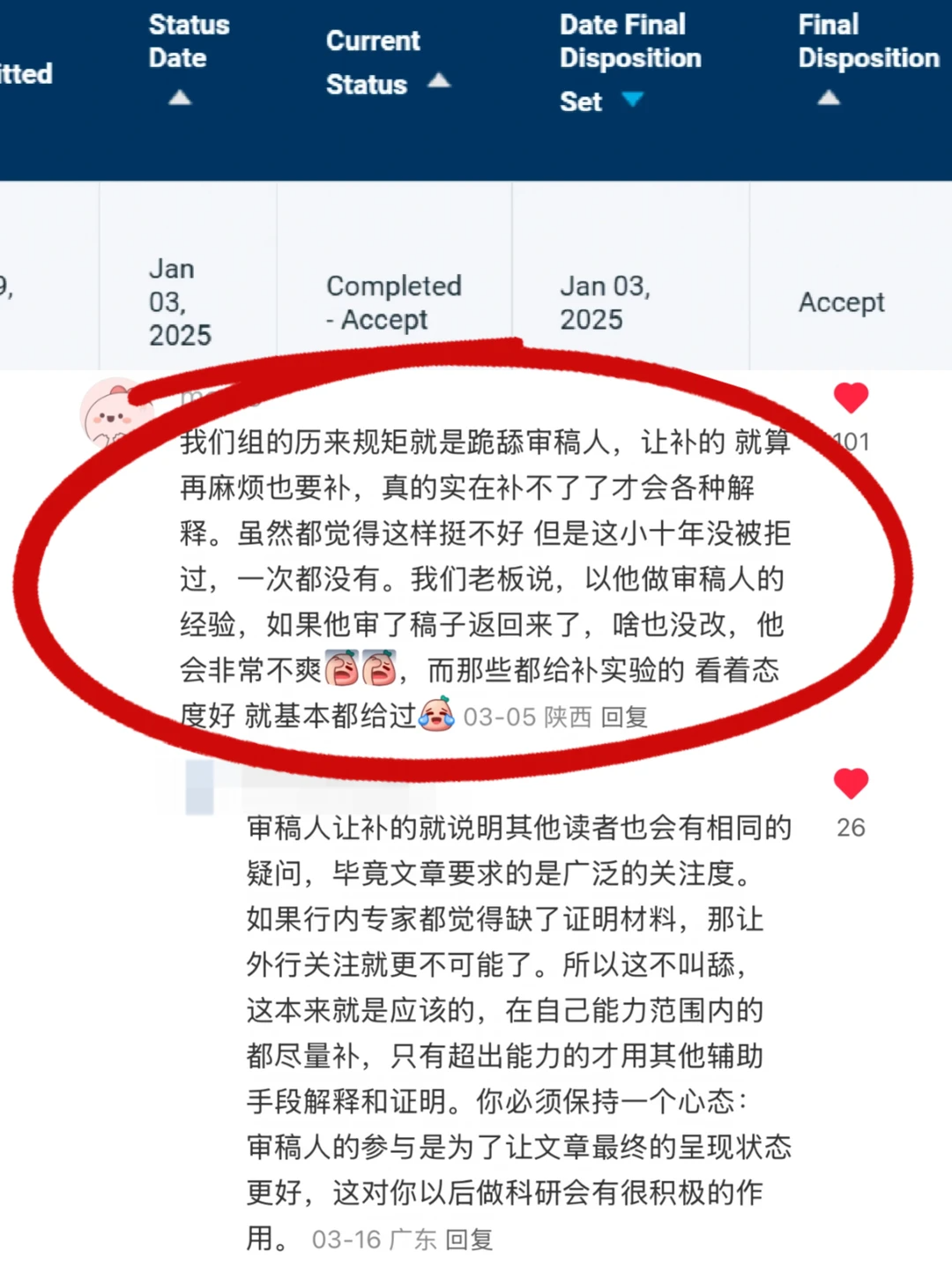 关于审稿补充实验、回应审稿意见与文章接收经历的讨论截图