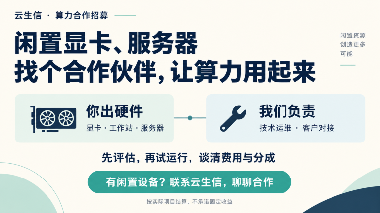 云生信算力合作：你出显卡、工作站或服务器，我们负责技术运维与客户对接；先评估再试运行，谈清费用与分成。
